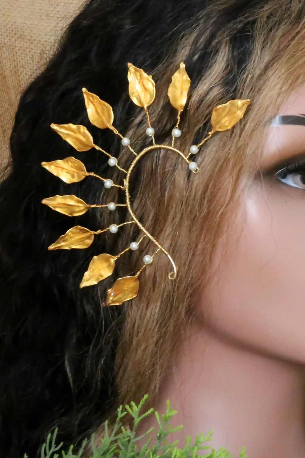 Handmade Golden Leaf Bridal Ear Cuff Earrings