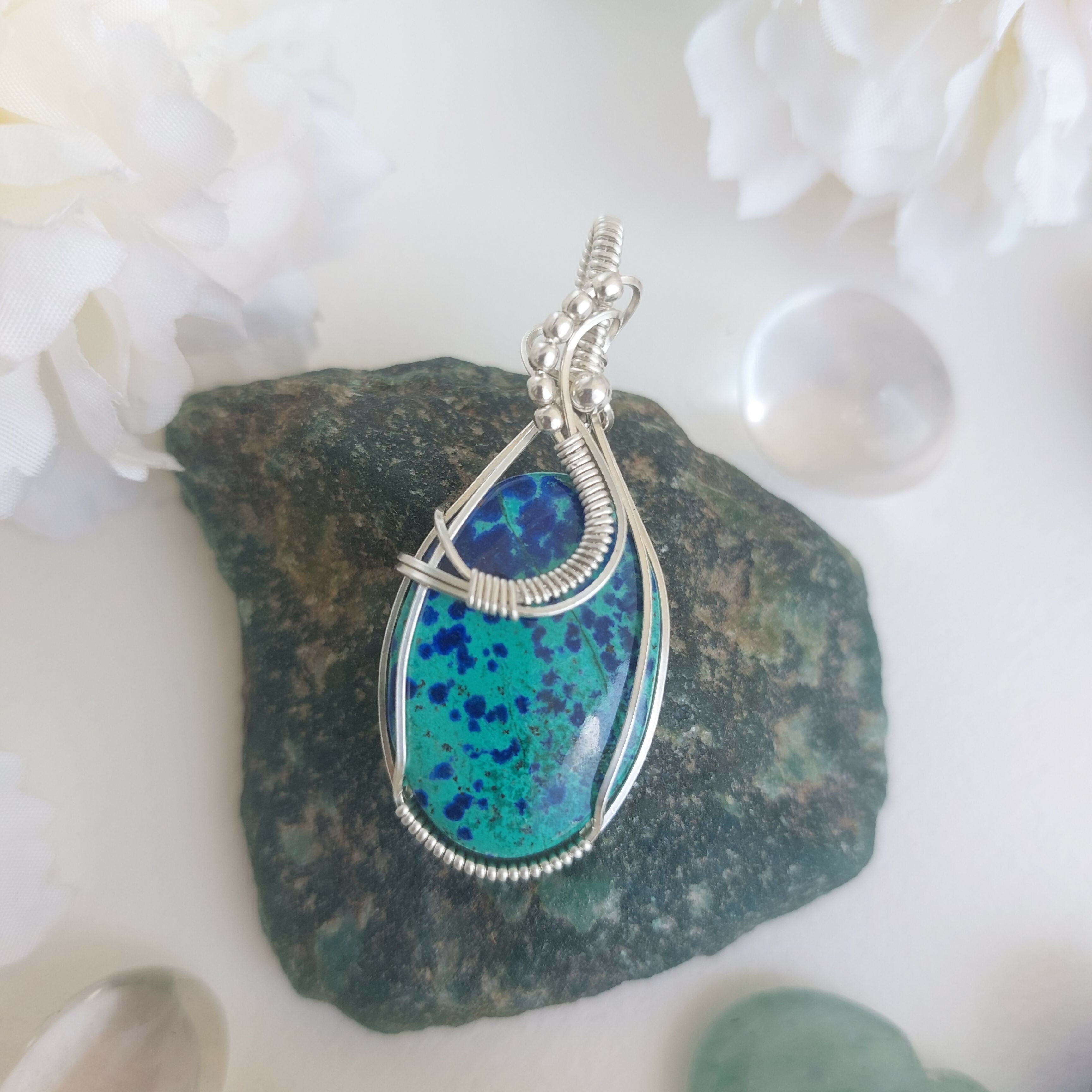 Bluebird Azurite sterling silver handmade Wire Wrapped pendant
