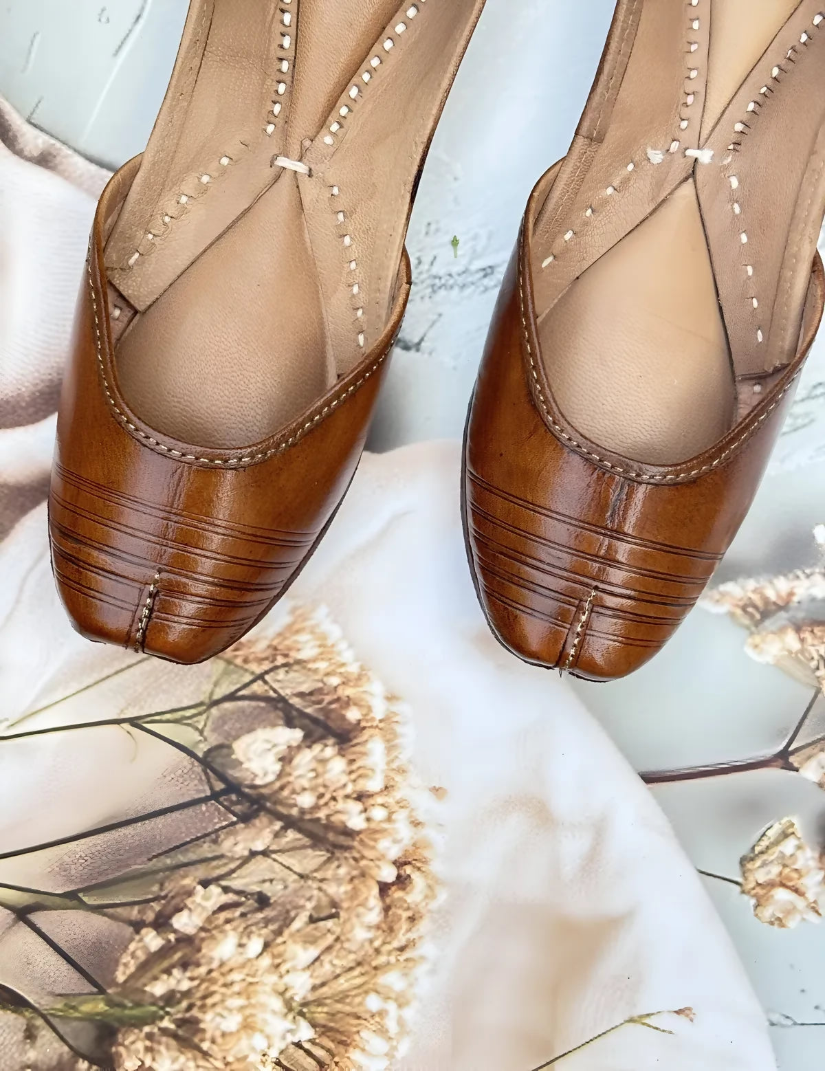 Brown Leather Handicrafted Self Design Jutti For Women