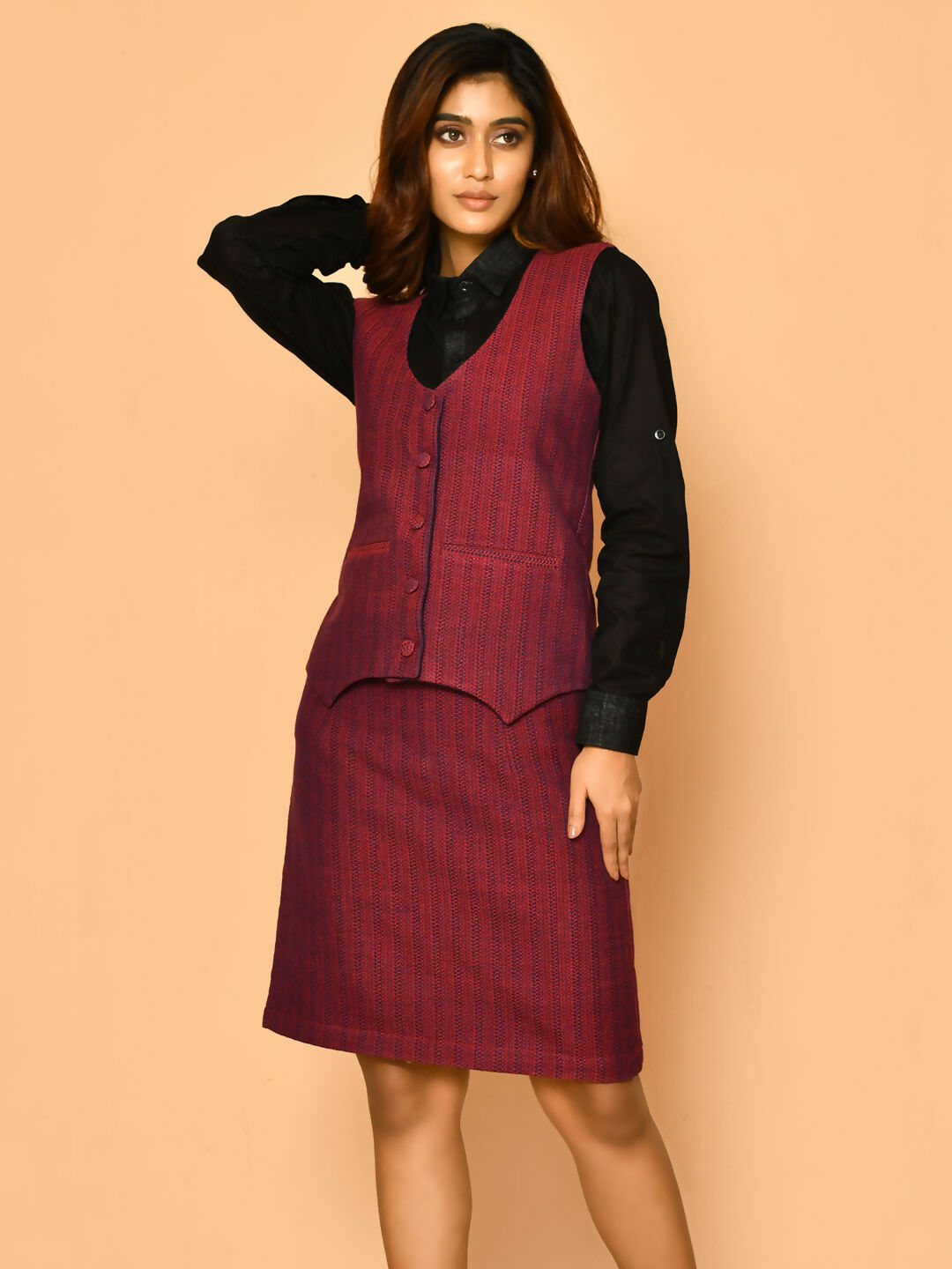 Red V-neck waist coat cotton jacket for ladies