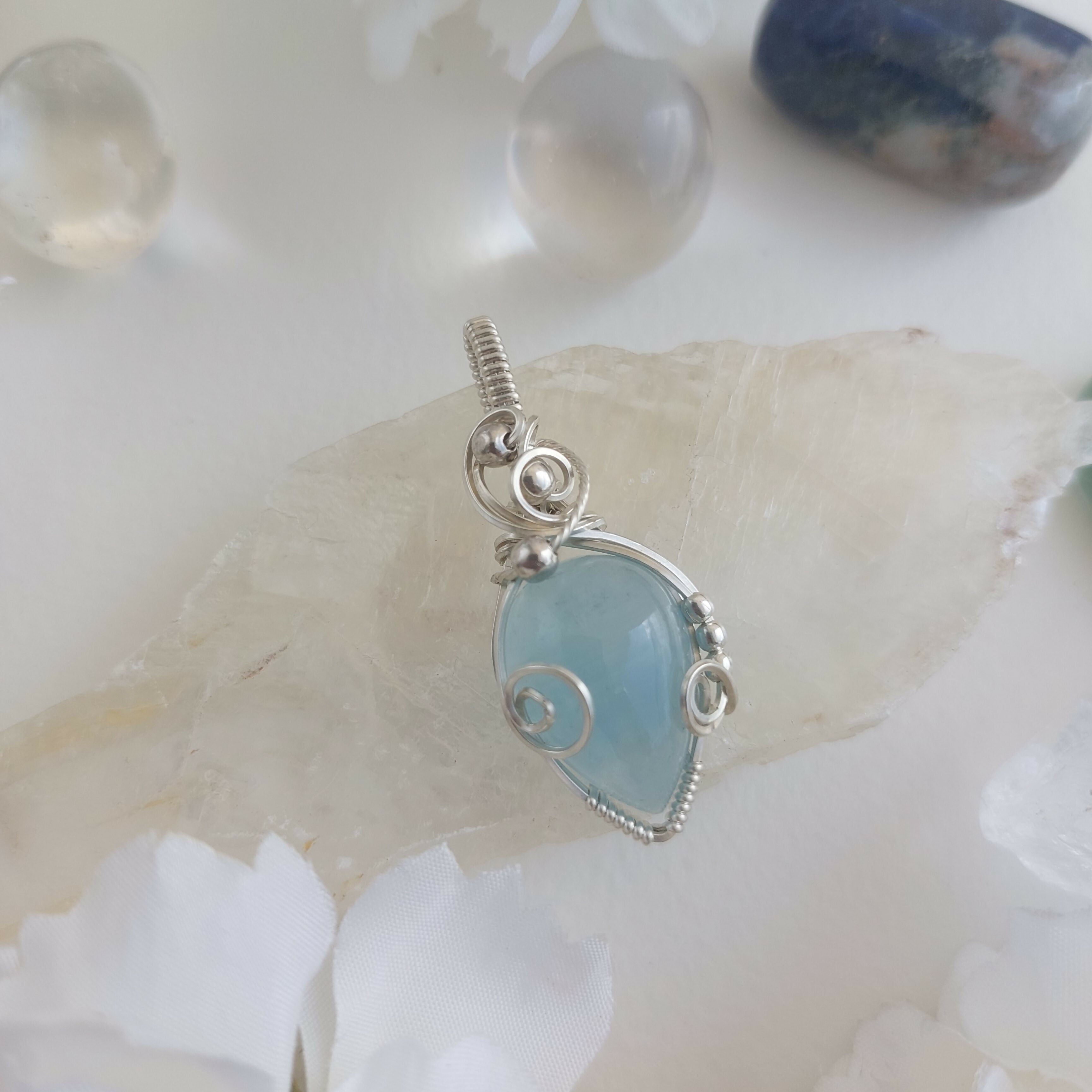 Aquamarine sterling silver wire wrapped handmade sterling silver pendant