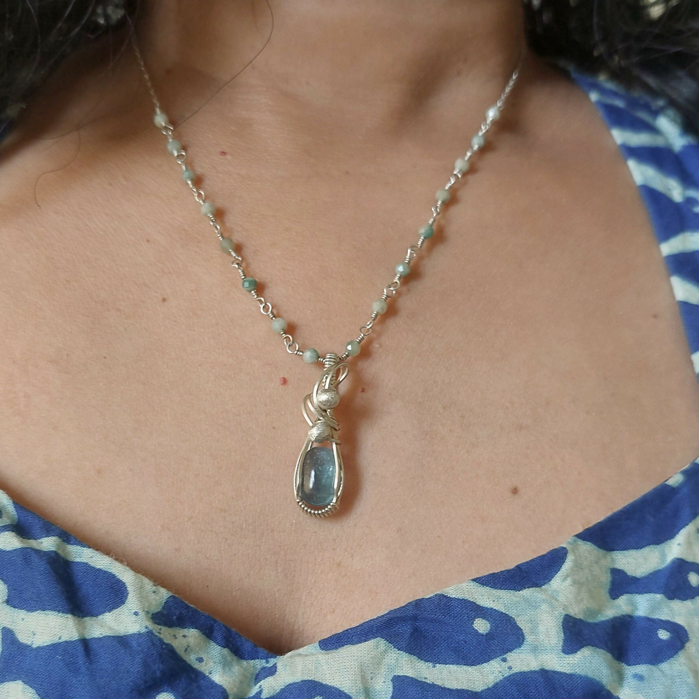 Aqua Kyanite wire wrapped handmade sterling silver pendant