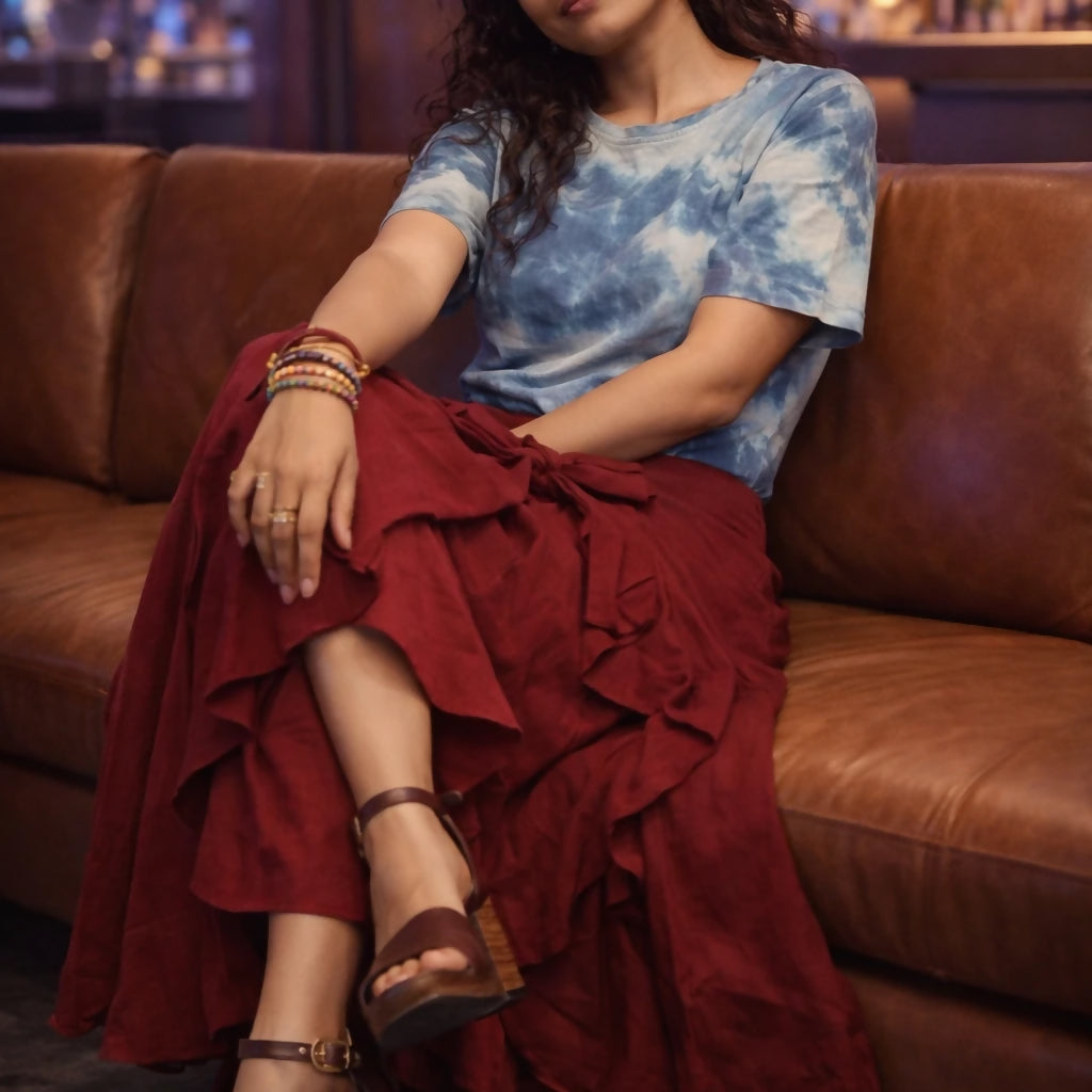 KALEIDOS - Rich Maroon Waist Tie-Up Ruffled Maxi Skirt with Attached Trousers.