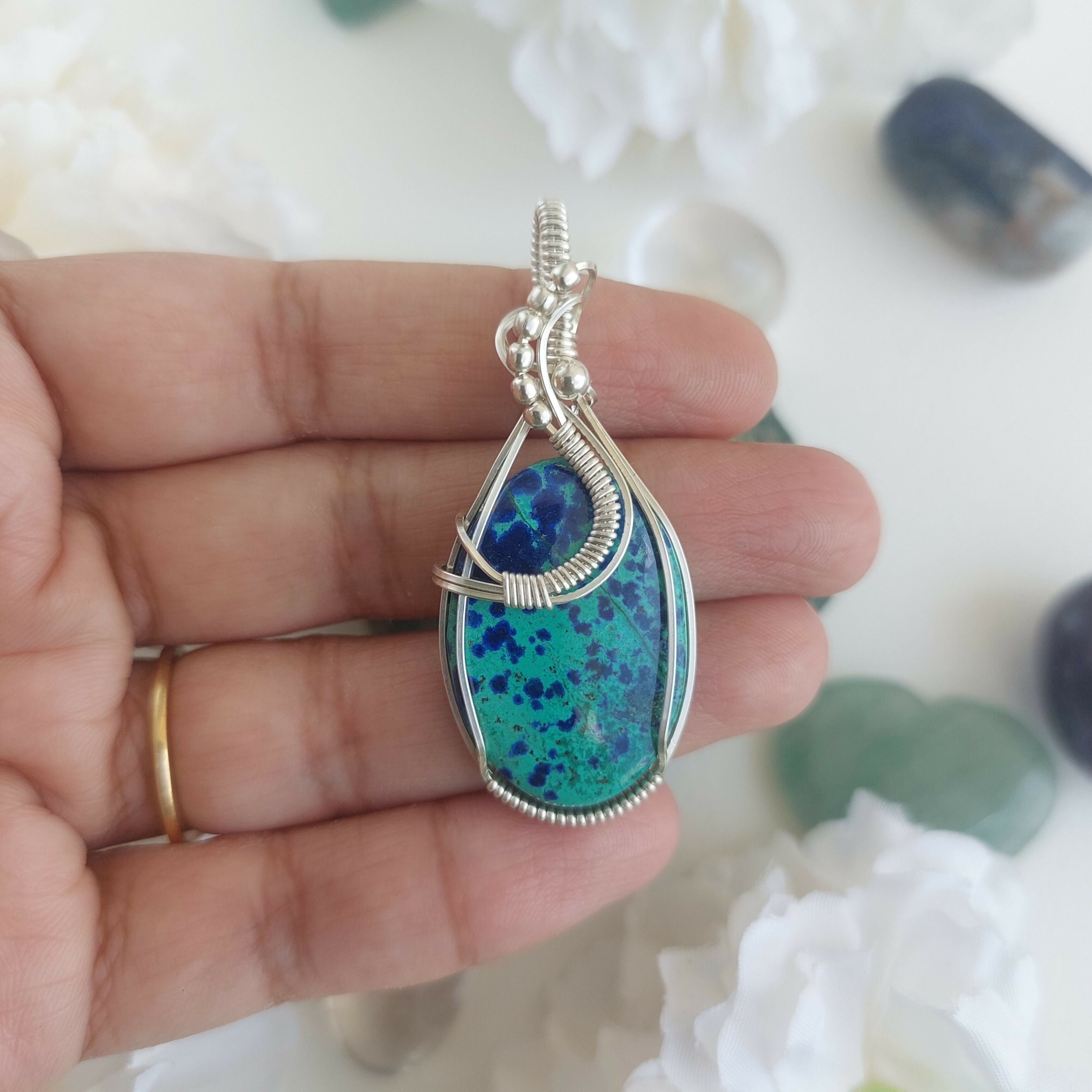 Bluebird Azurite sterling silver handmade Wire Wrapped pendant