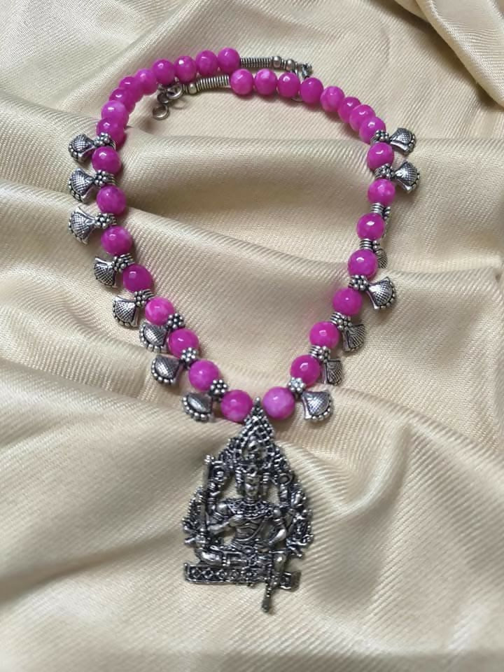 Bright Pink Agates with Oxidised Pendant & charms