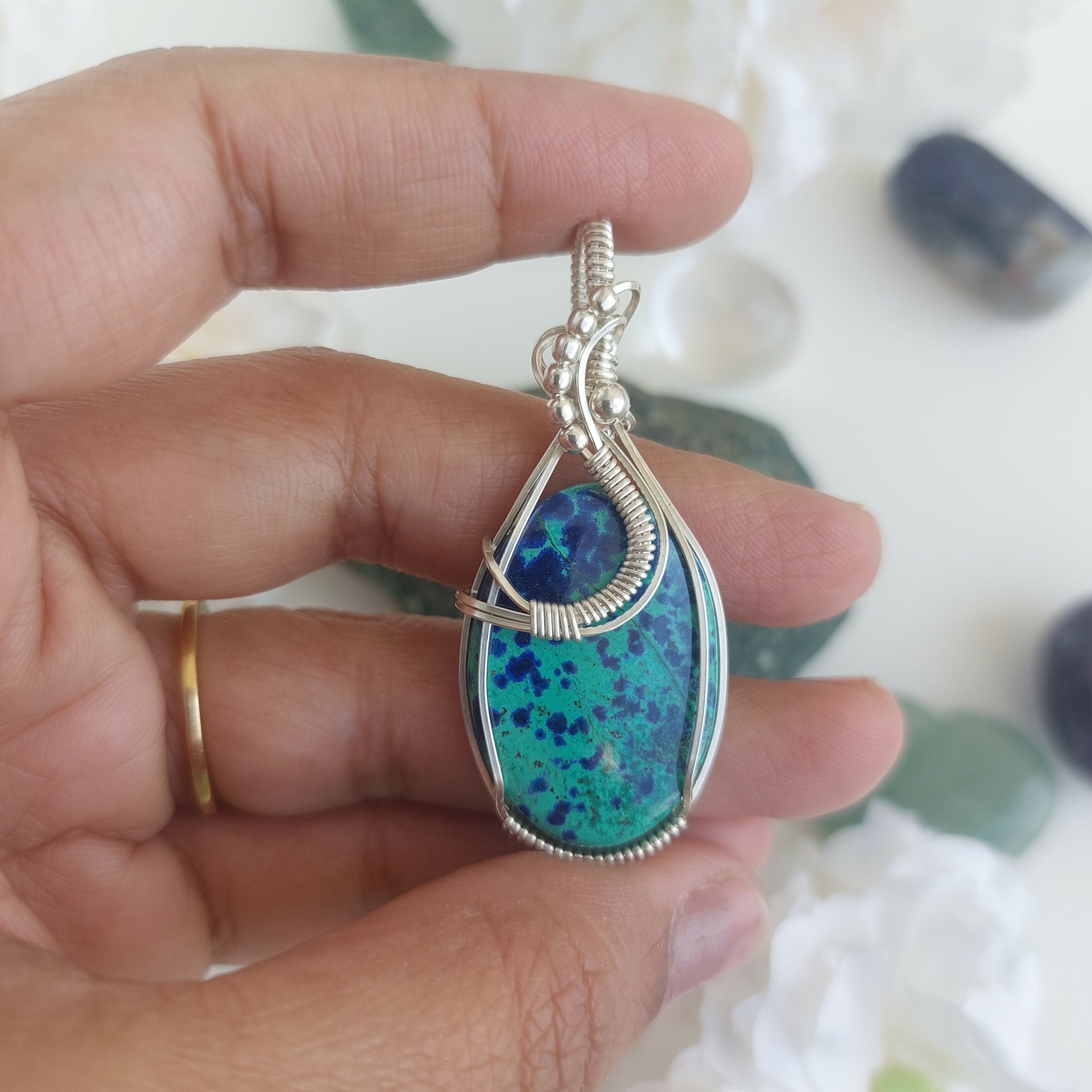 Bluebird Azurite sterling silver handmade Wire Wrapped pendant