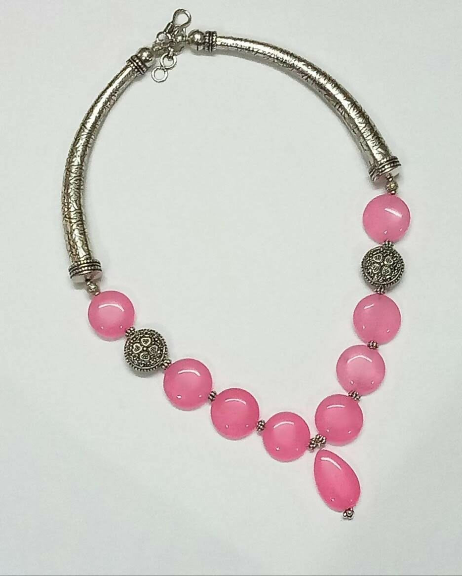 Bubblegum Pink Flat Quartz beads necklace