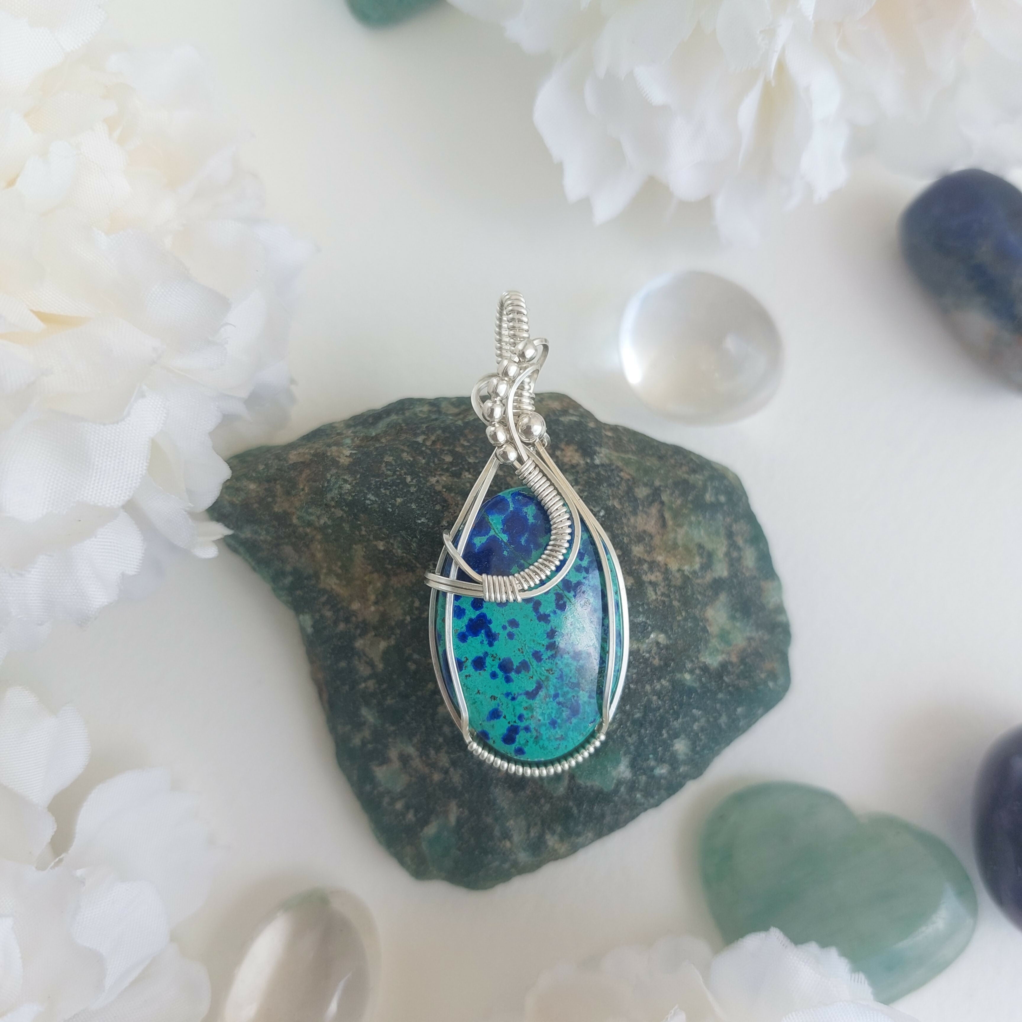 Bluebird Azurite sterling silver handmade Wire Wrapped pendant