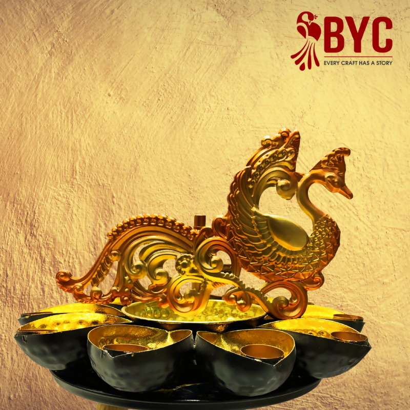 Elegant Peacock Urli with Tea Light Candle Holder – Handcrafted Decor  Brass Urli & Candle Holder Set1
