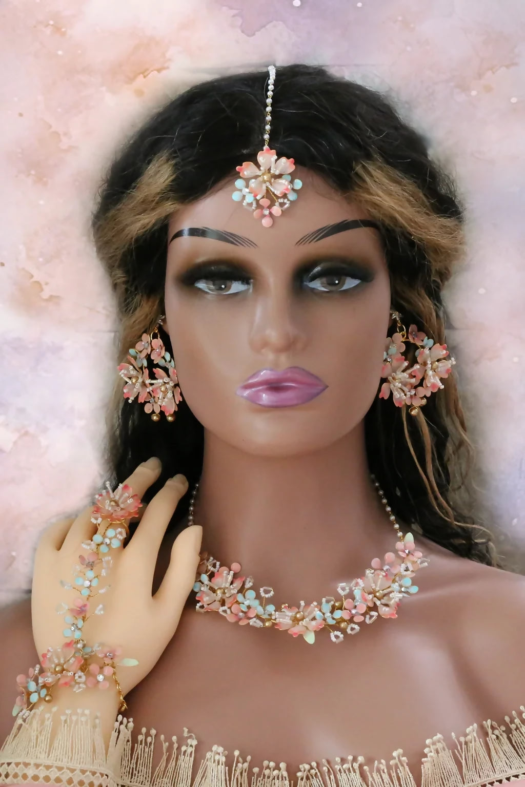 Seraphina’s Bloom – Handmade Resin Floral Bridal Maangtika in Blush Pink, Aqua & Gold