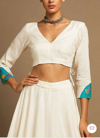 Turquoise Flora Set- Printed V-Neck Ready To Wear Cotton Lehenga & Choli