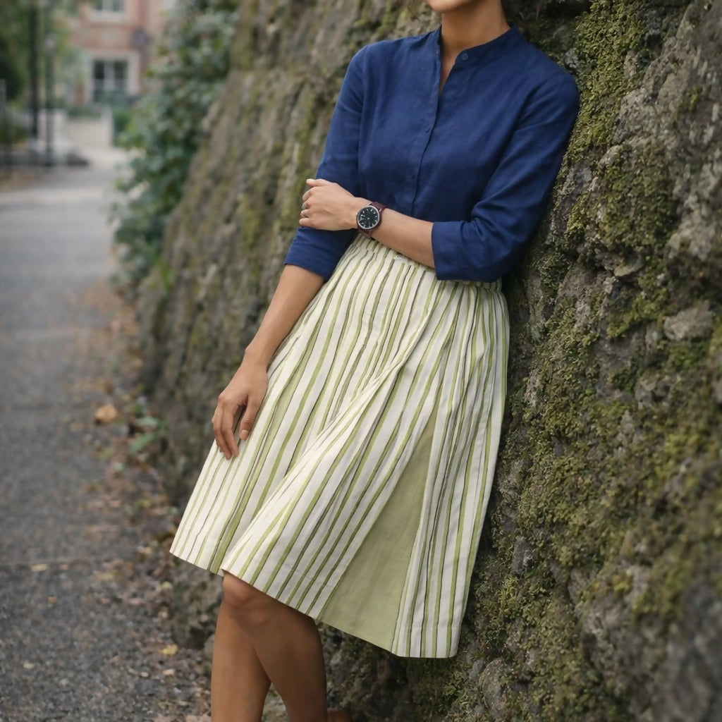 TEMPEST - Solid and Contrast Striped Pleated Summer Alpine Skirt .