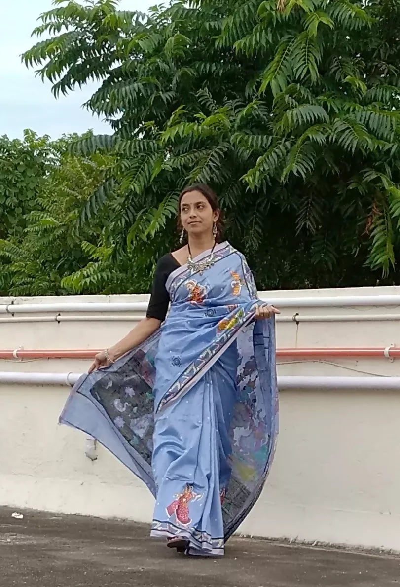 NAUKA RAAS VIHAAR THEME - Pattachitra Handpainted Pattachitra Silk Saree