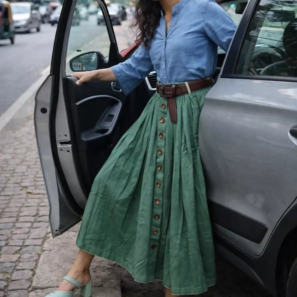 NEBULA "- Olive Green Corset-Skirt ,front buttoned,belted waist flared pleated Midi A-Line Skirt with Pockets.