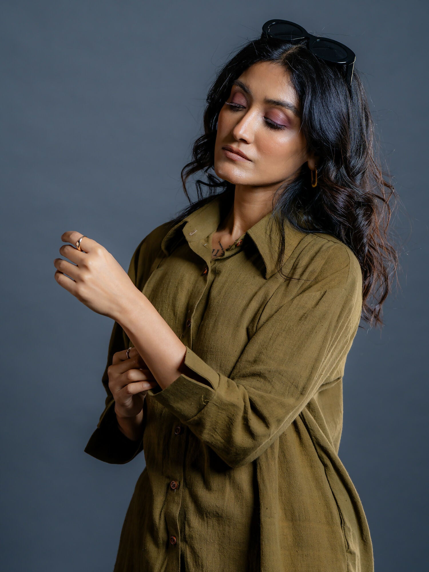 Saima Olive Handwoven Kala Cotton Oversized Shirt