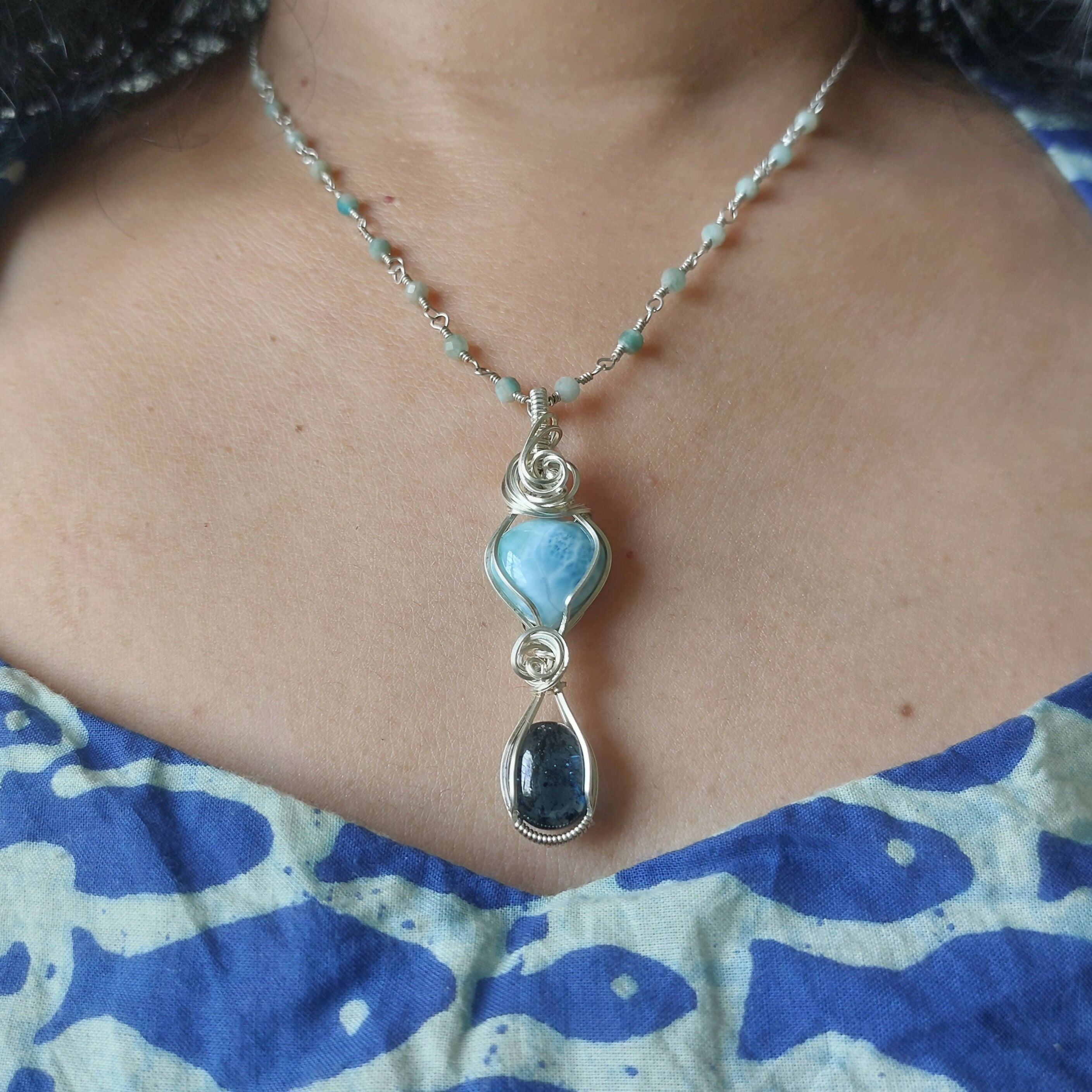 Larimar- teal kyanite double stone sterling silver wire wrapped handmade pendant