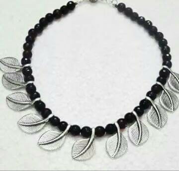 Black Onyx Beads necklace with oxidised leaf charms