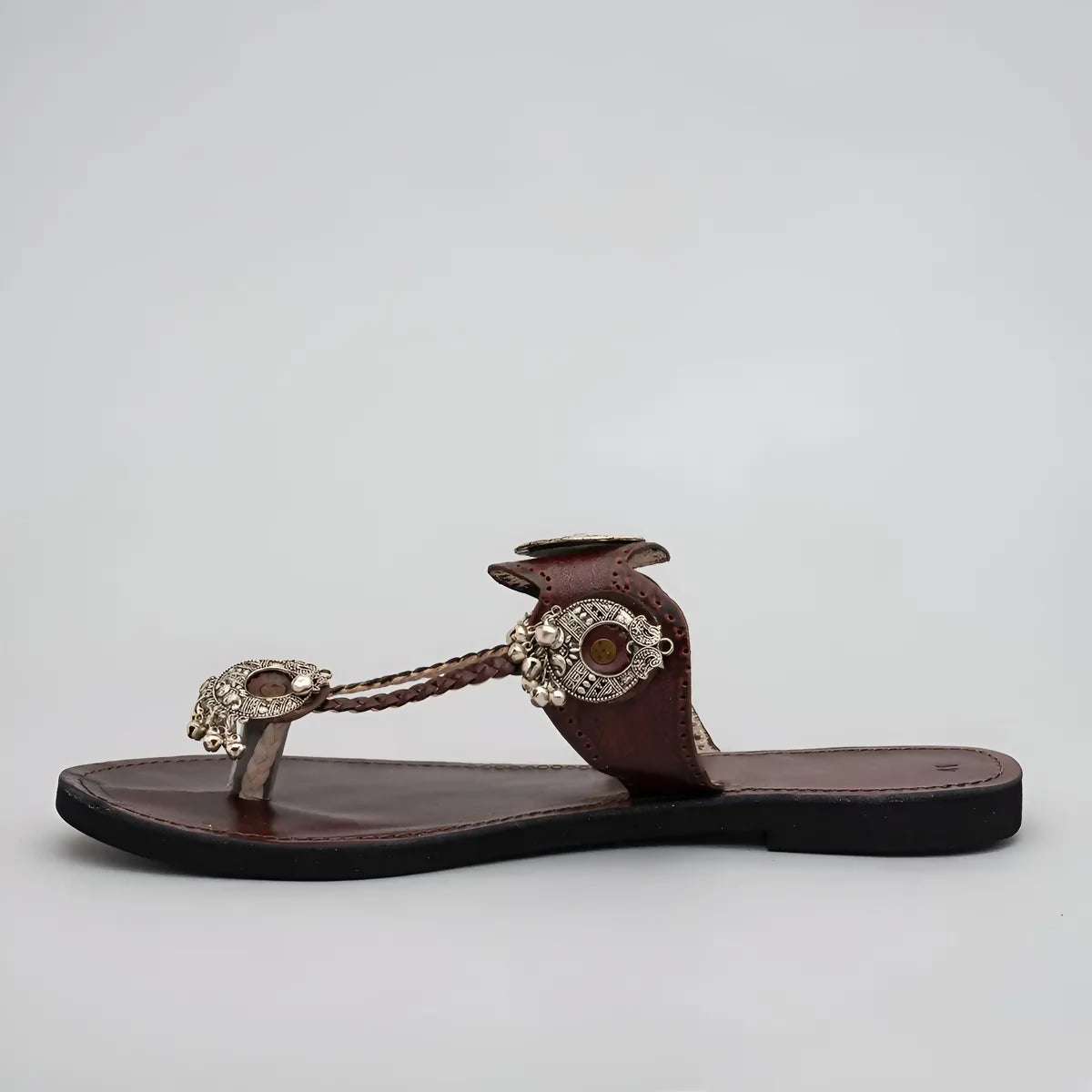 Brown Ghungroo-Inspired Leather Flats For Women