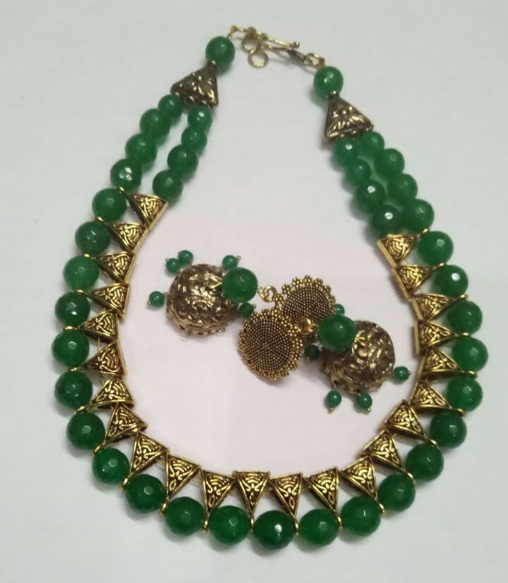 Unique design 2 layered Jade Green Onyx Beads Choker Necklace