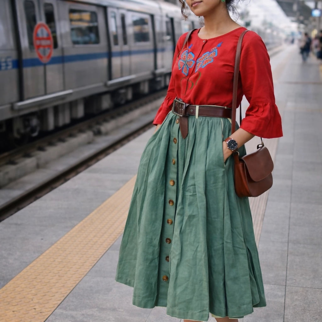 NEBULA "- Olive Green Corset-Skirt ,front buttoned,belted waist flared pleated Midi A-Line Skirt with Pockets.