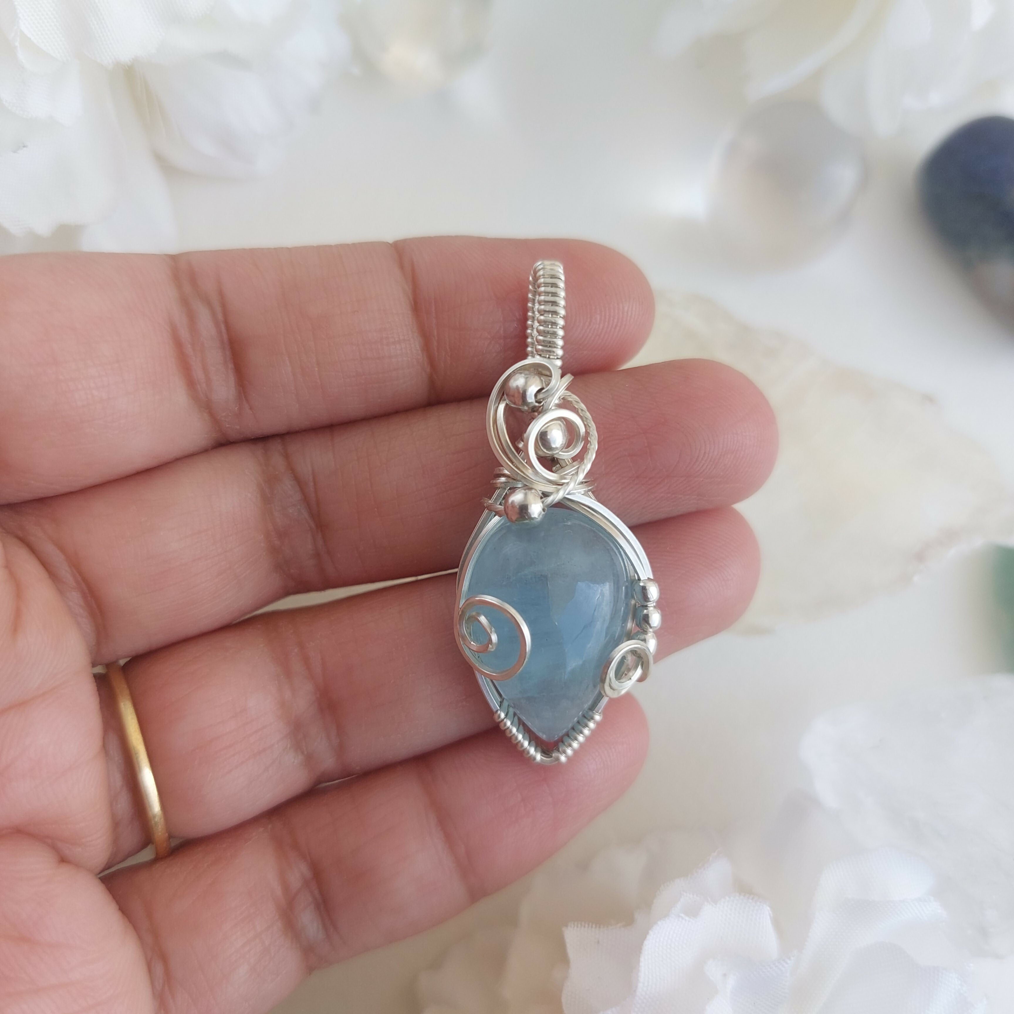 Aquamarine sterling silver wire wrapped handmade sterling silver pendant