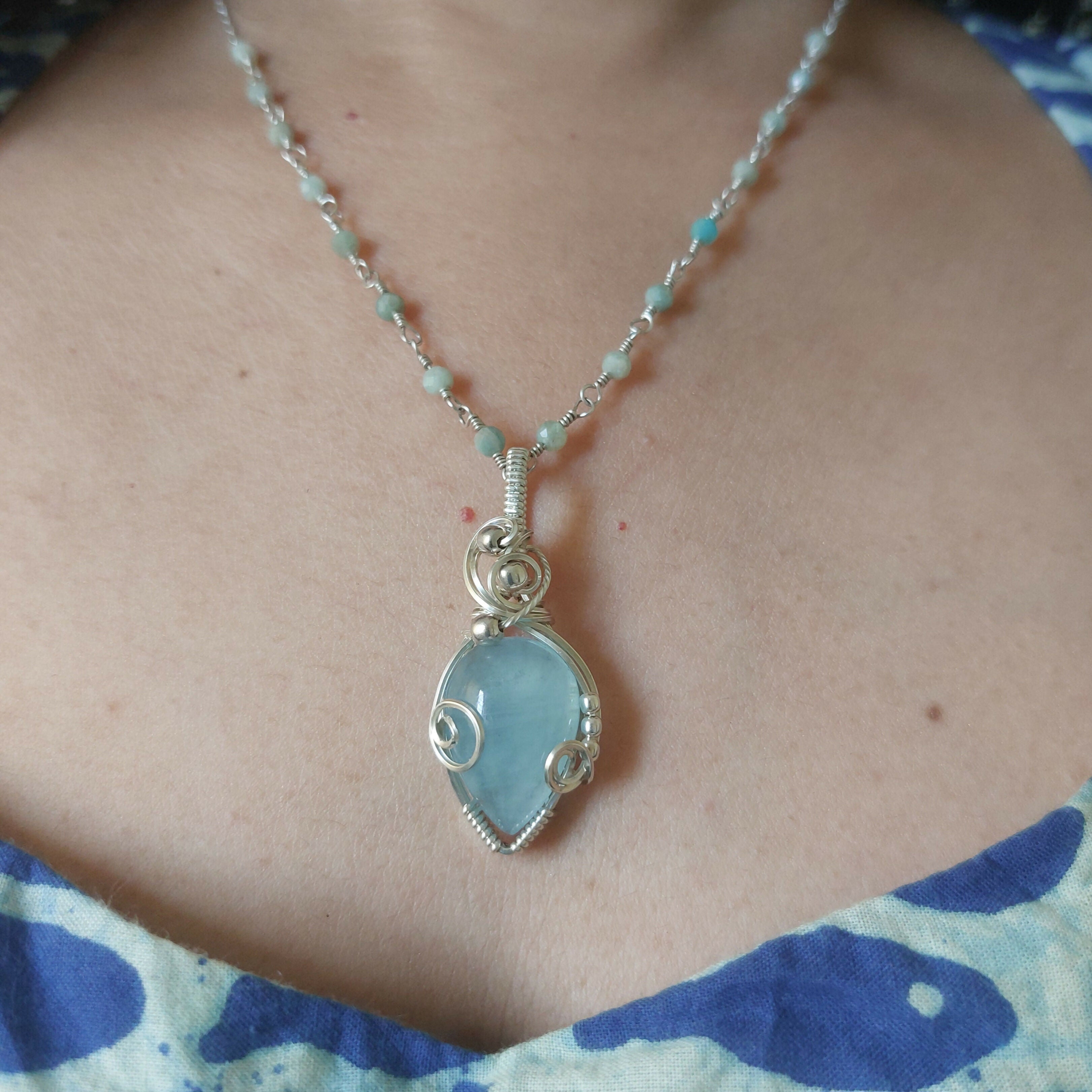 Amazonite wire wrapped handmade sterling silver beaded chain