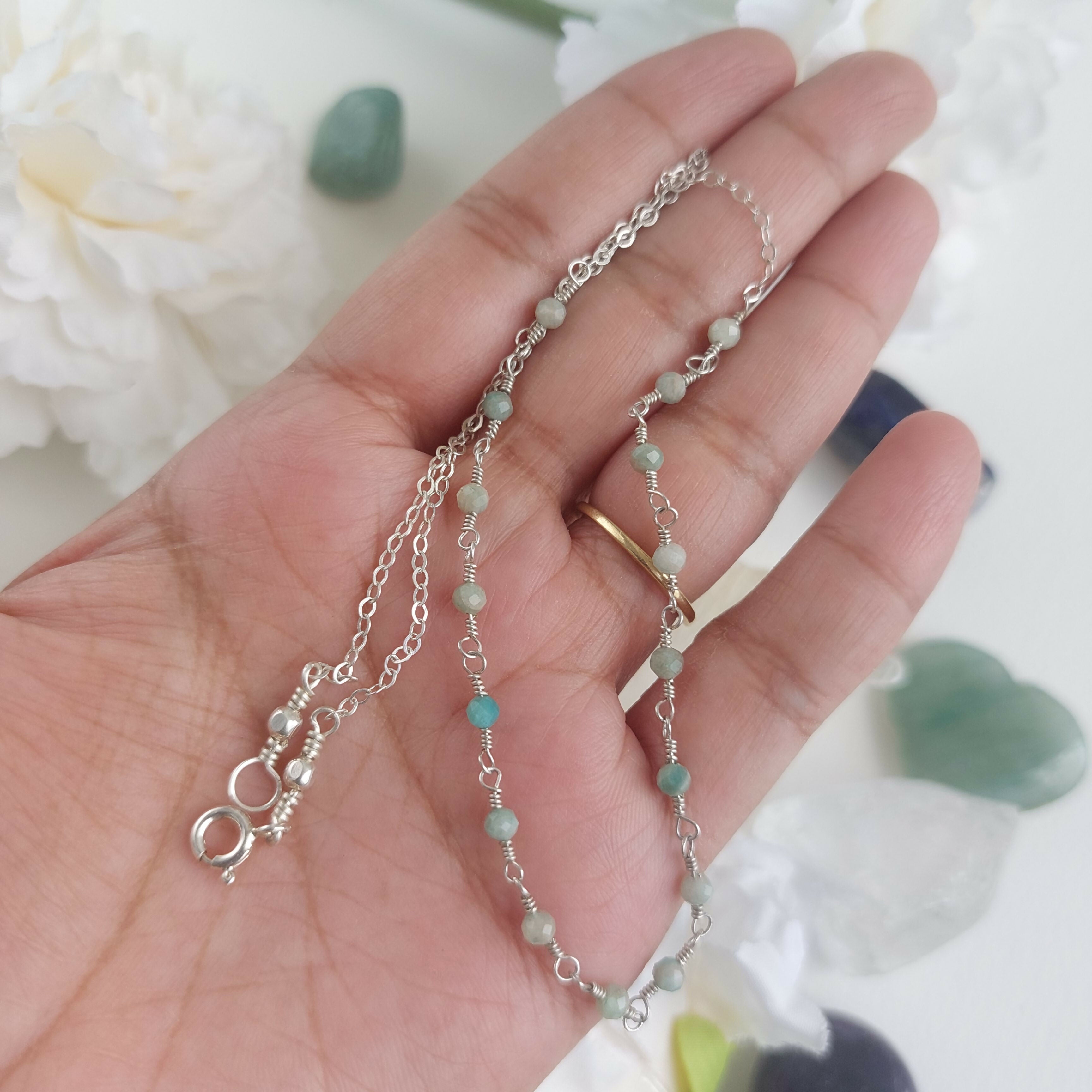 Amazonite wire wrapped handmade sterling silver beaded chain