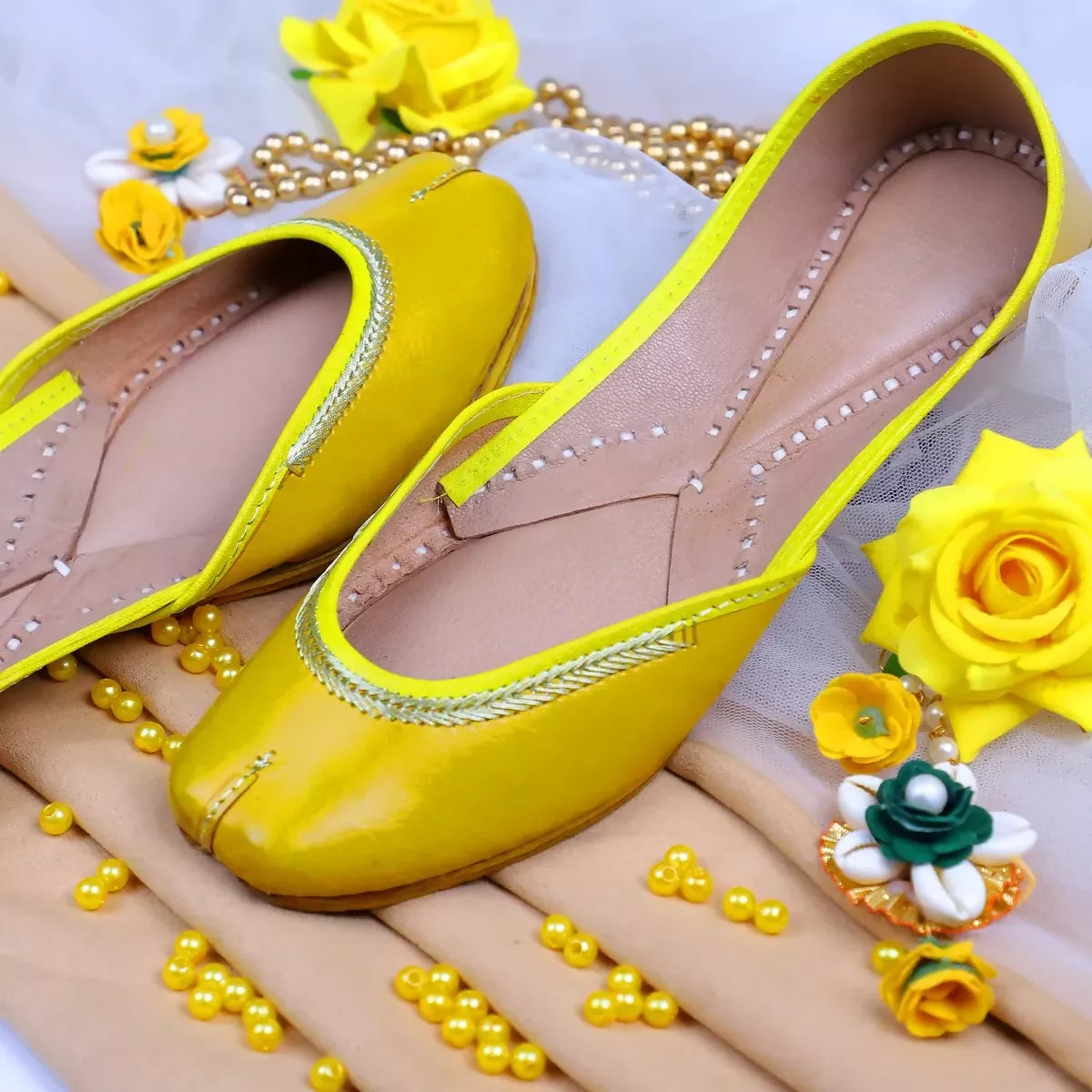 Yellow Solid Leather Handcrafted Jutti For Women
