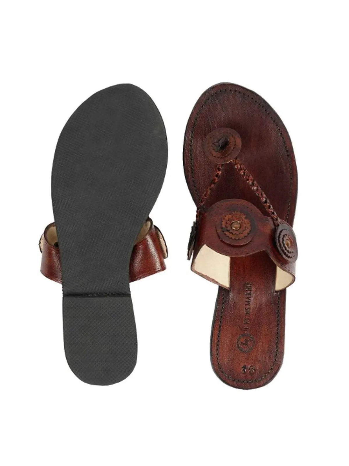 Brown Leather Handcrafted V-Shape Open Toe Kolhapuri Sandal For Women