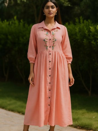 Peach Blossom Button-Down - Women Peach Blossom Hand-Embroidered Tunic Dress