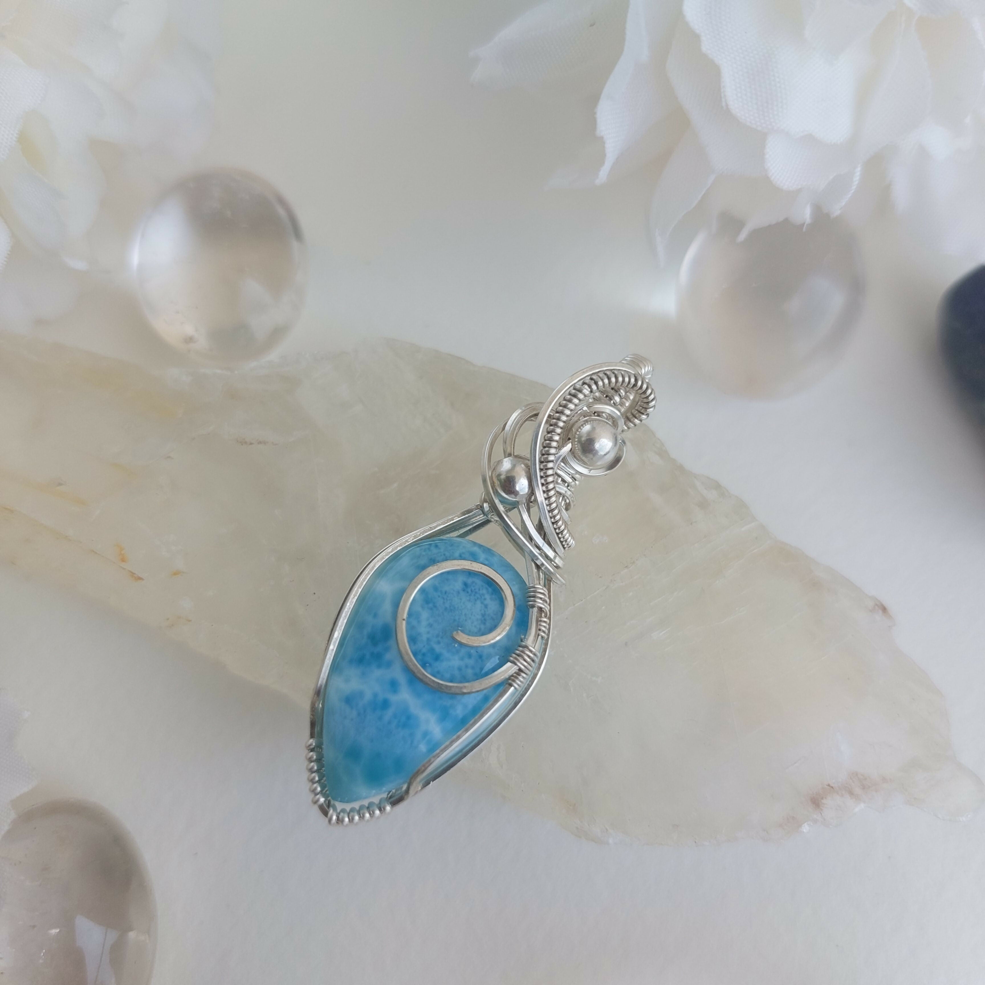 Larimar sterling silver wire wrapped handmade pendant
