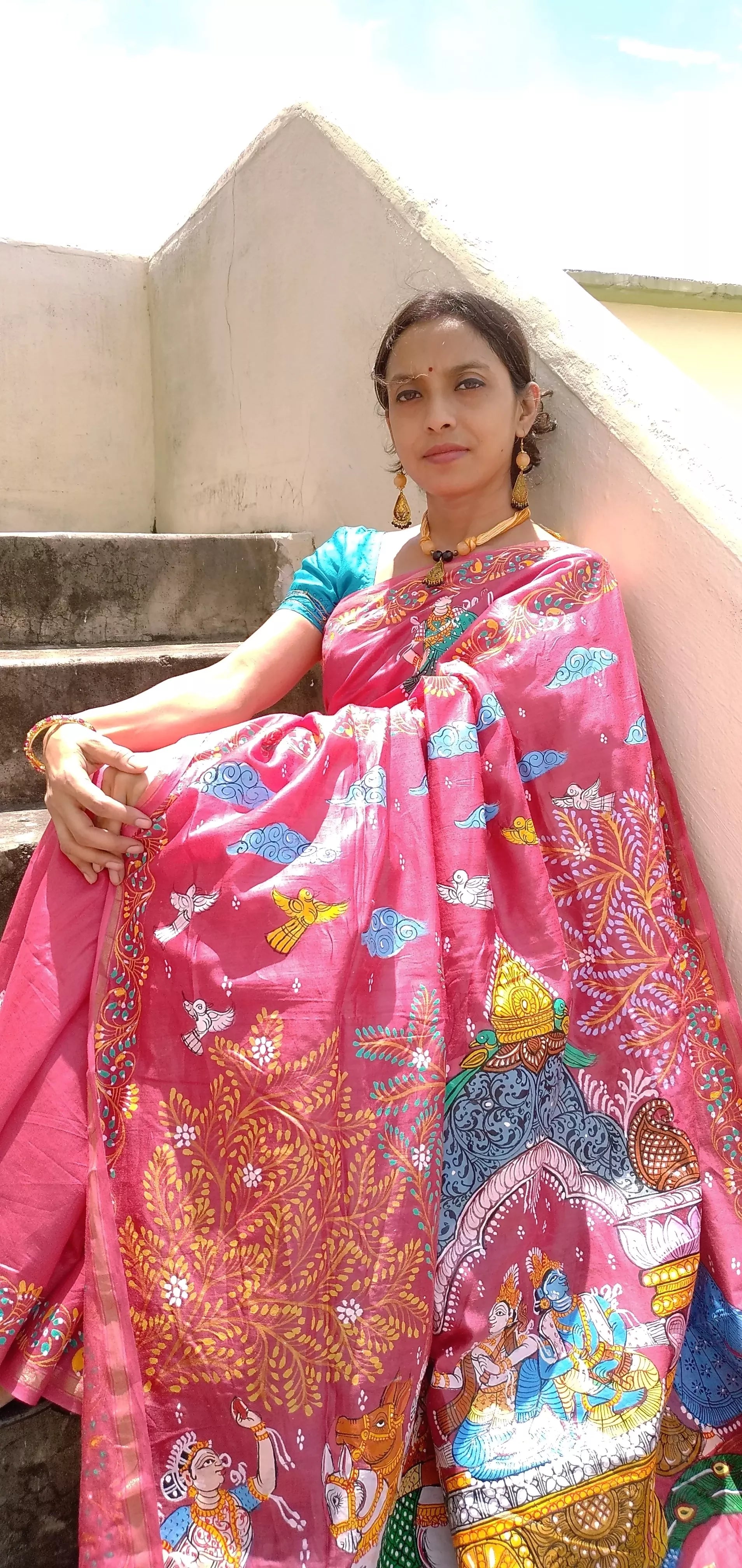 " MATHURA VIJAY YATRA " of SHRI KRISHNA in Handpainted Pattachitra Art on Tussar Modal Silk Saree.