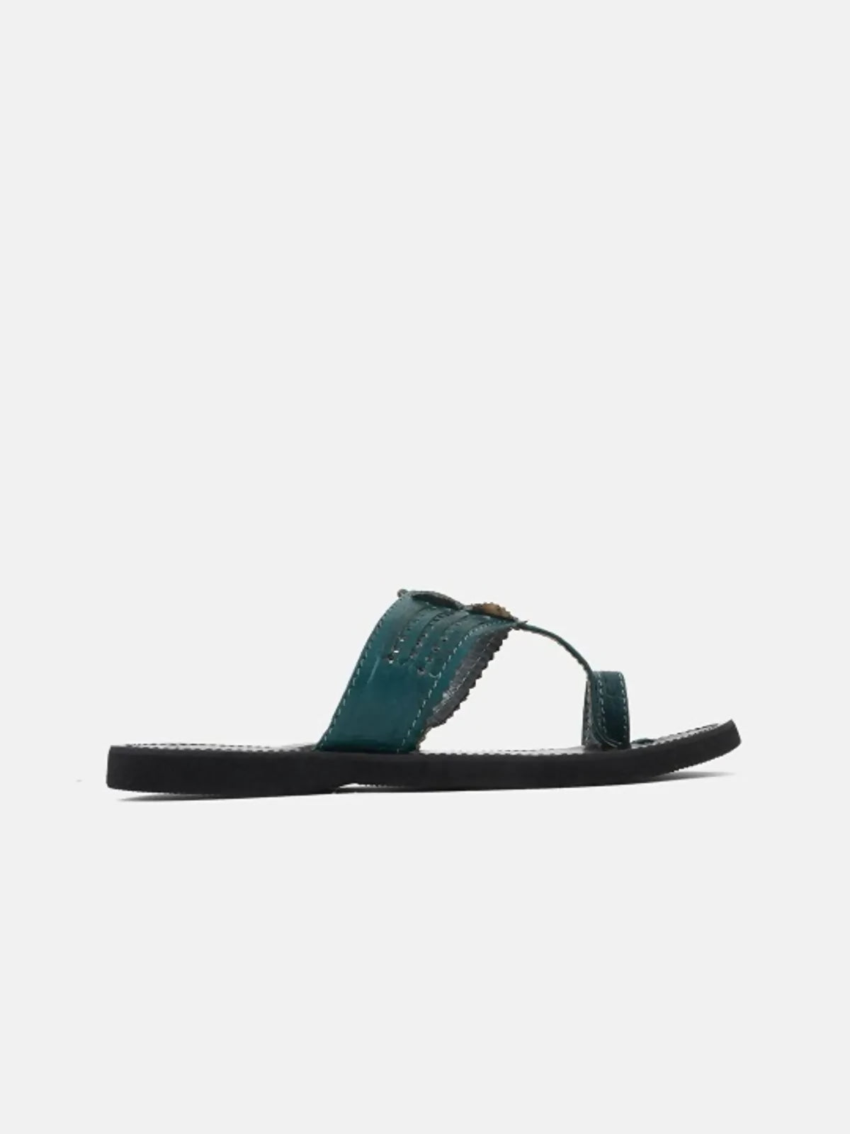 Green Leather Handcrafted Self Design Kolhapuri Sandal For Women