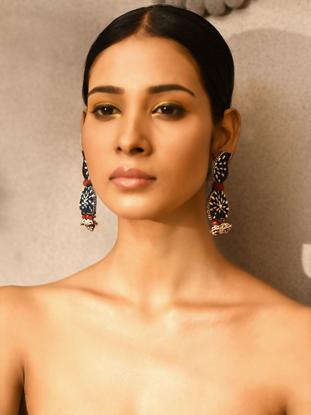 Indigo paisley embroidered handmade fabric earring