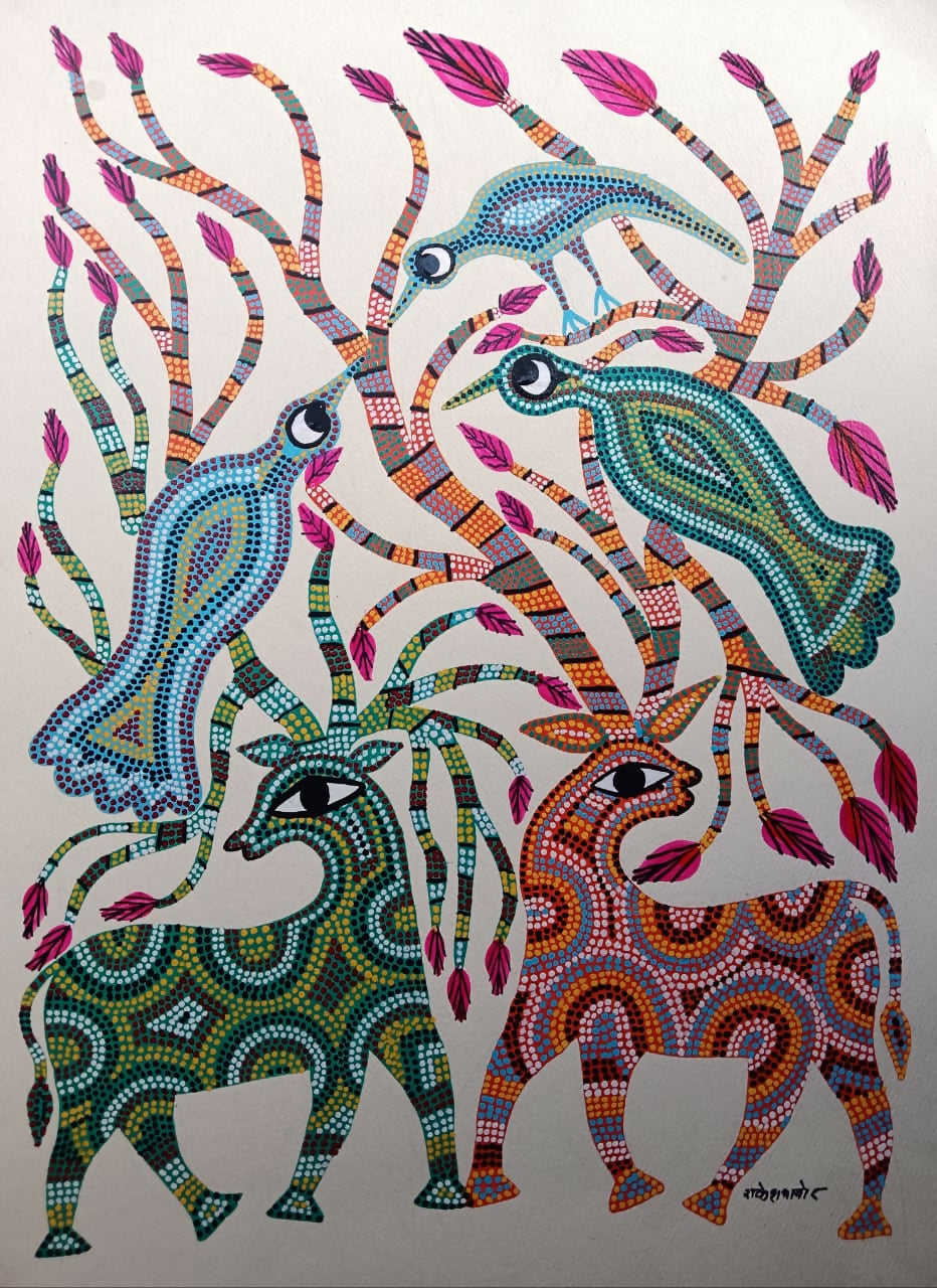 Peacocks on the Wishing Tree- Pithora Painting