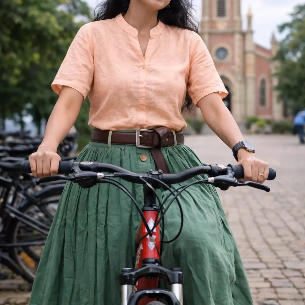 NEBULA Olive Green Corset Midi Skirt – Buttoned A-Line Pleated Skirt with Pockets
