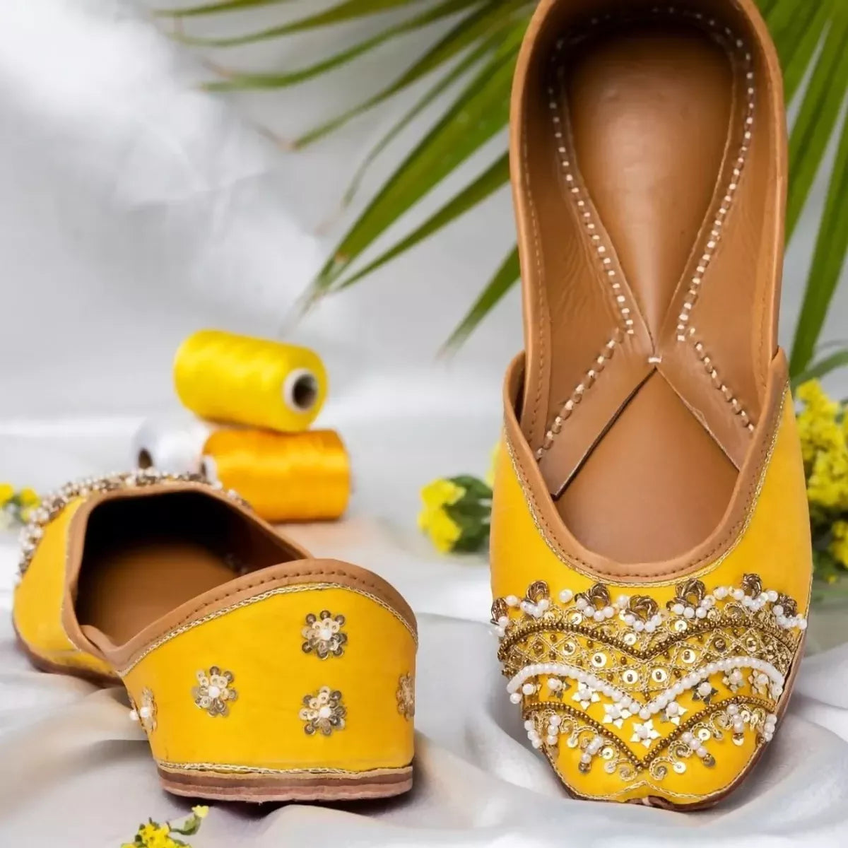 Yellow Anushani Leather Handicrafted Self Design Jutti For Women