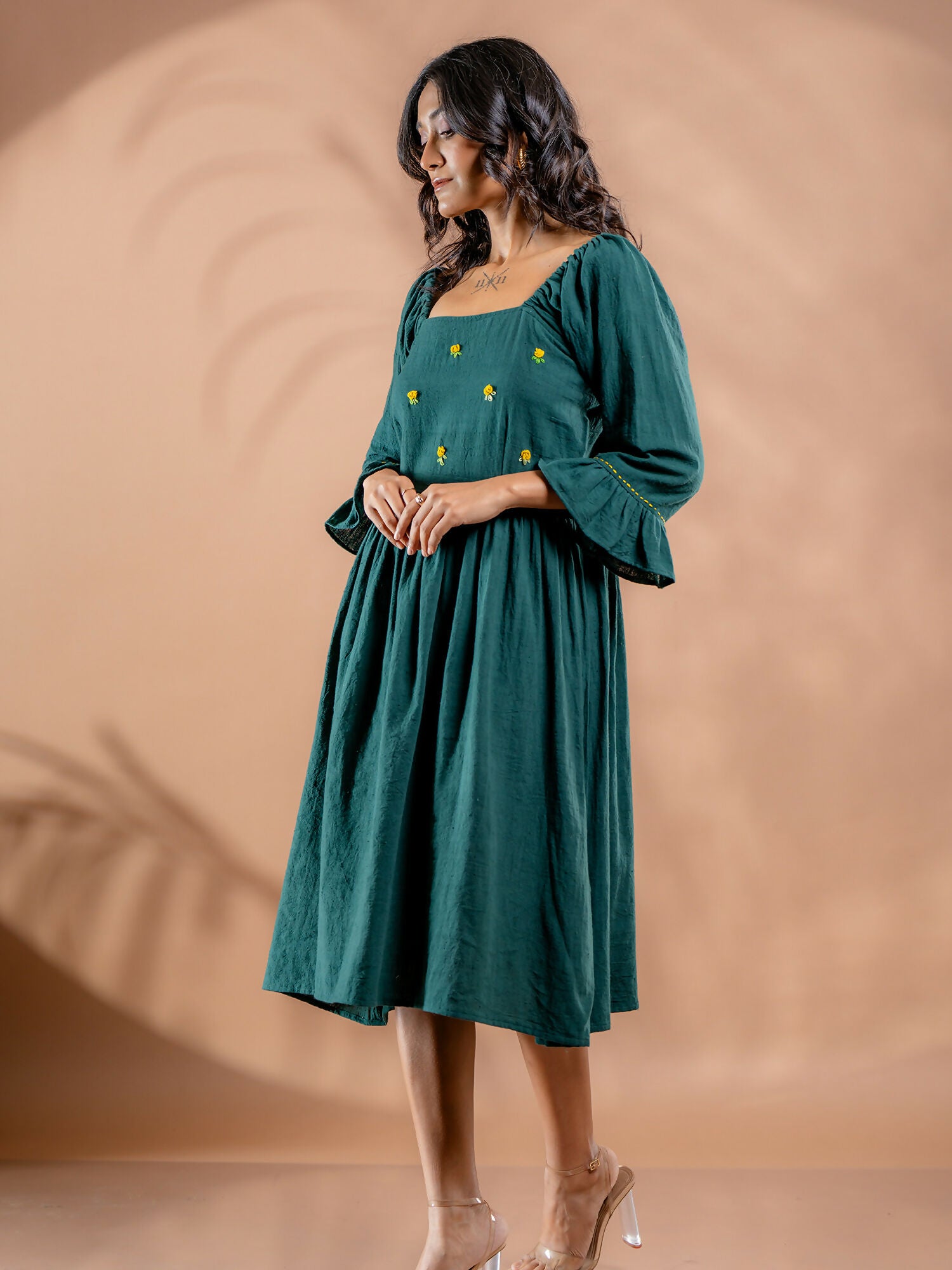 Ocean Meadow Embroidered Kala Cotton Gathered Dress