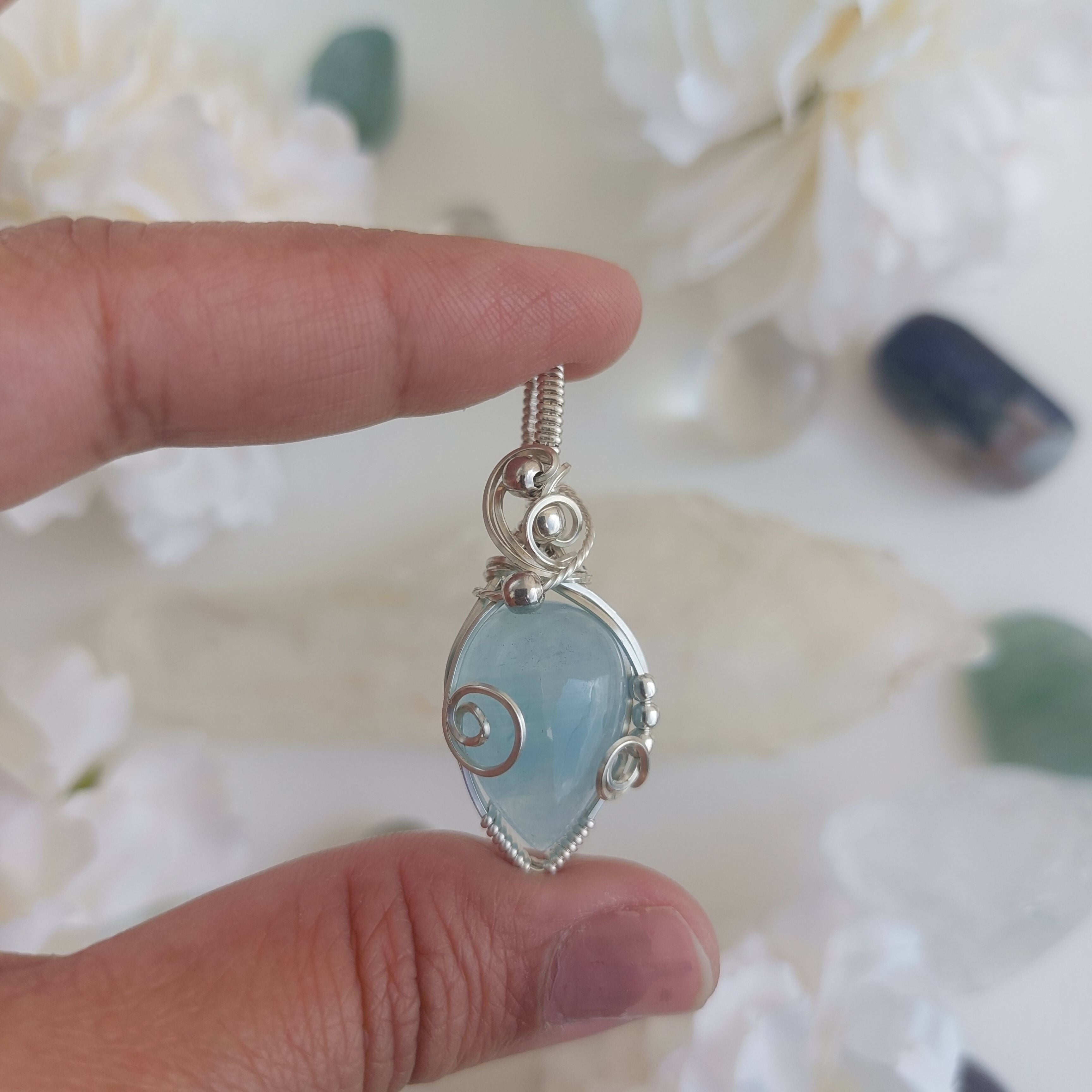 Aquamarine sterling silver wire wrapped handmade sterling silver pendant