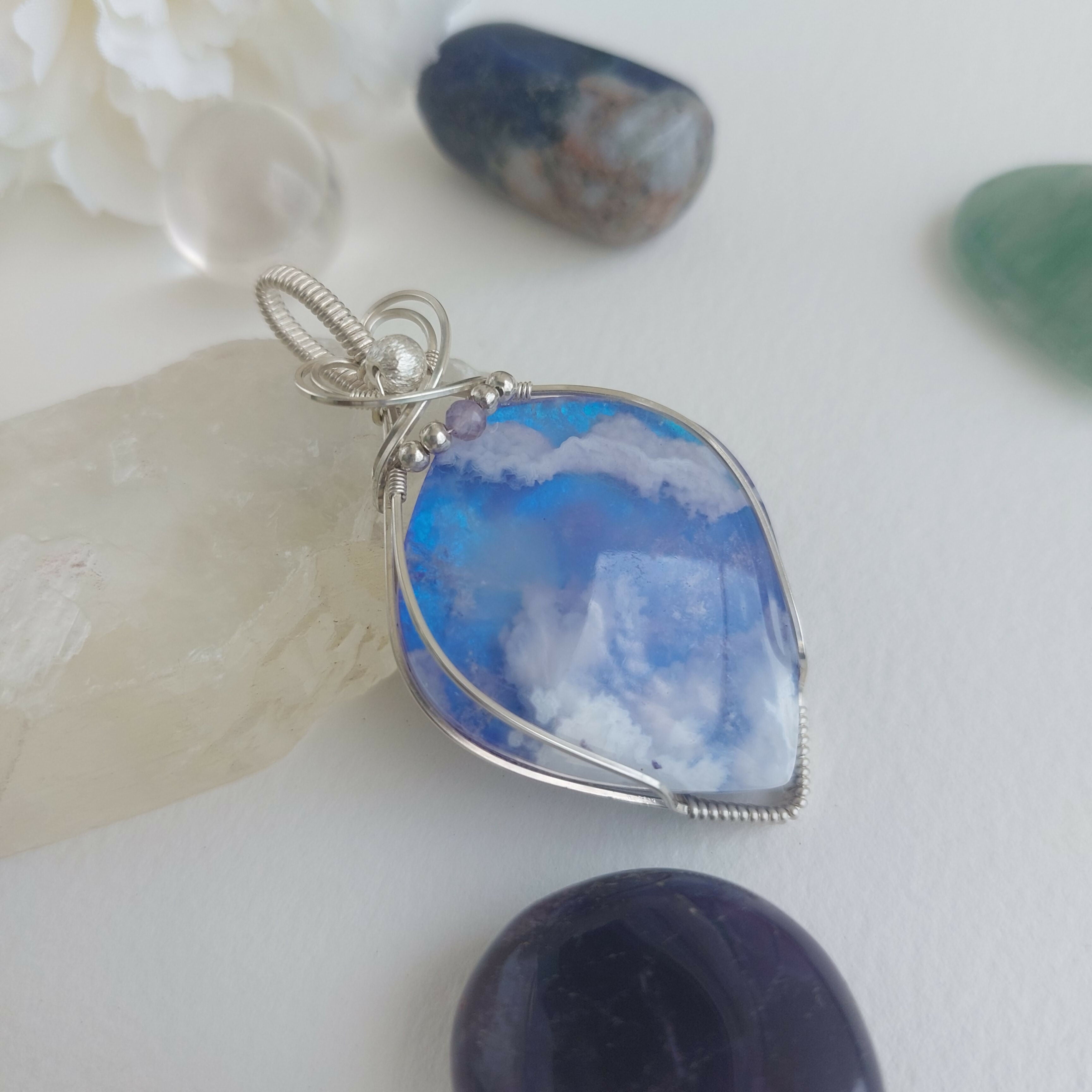 A piece of sky- aurora effect- plume agate doublet sterling silver wire wrapped handmade pendant