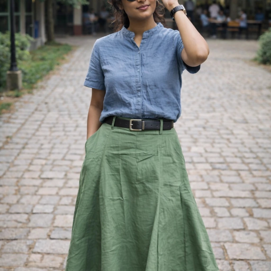 GREEN ALLEY - Olive Cotton Linen Symmetric flared hem Aline Waist Skirt.