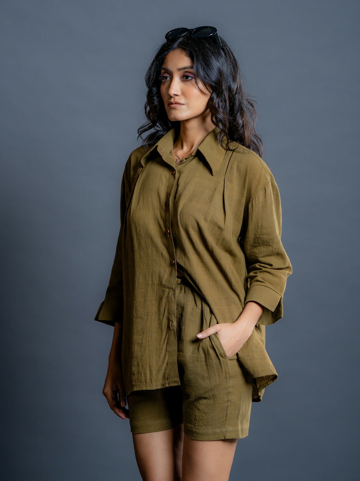 Saima Olive Handwoven Kala Cotton Oversized Shirt