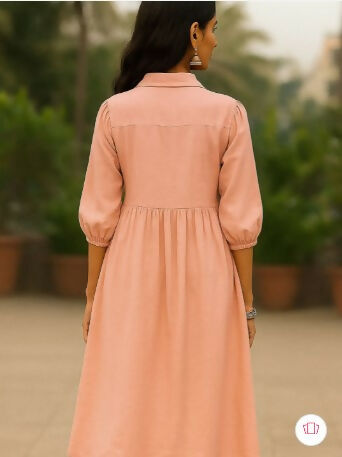 Peach Blossom Button-Down - Women Peach Blossom Hand-Embroidered Tunic Dress