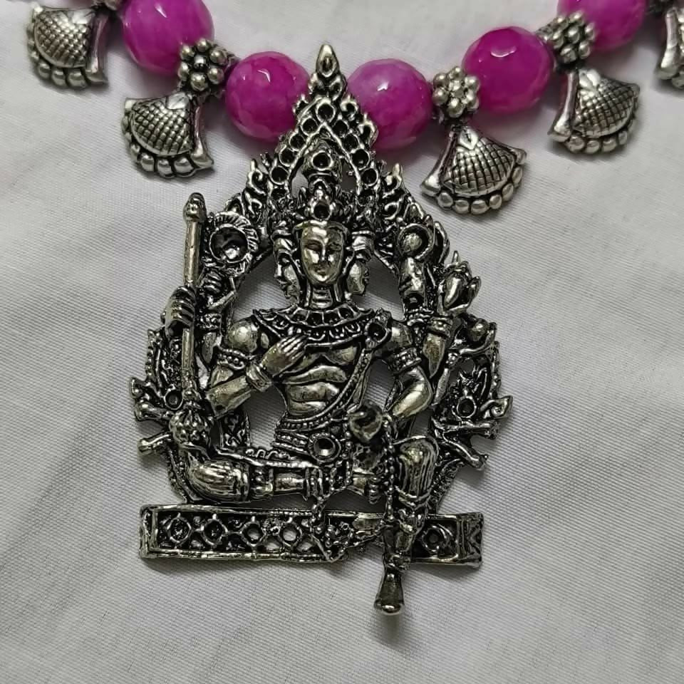 Bright Pink Agates with Oxidised Pendant & charms