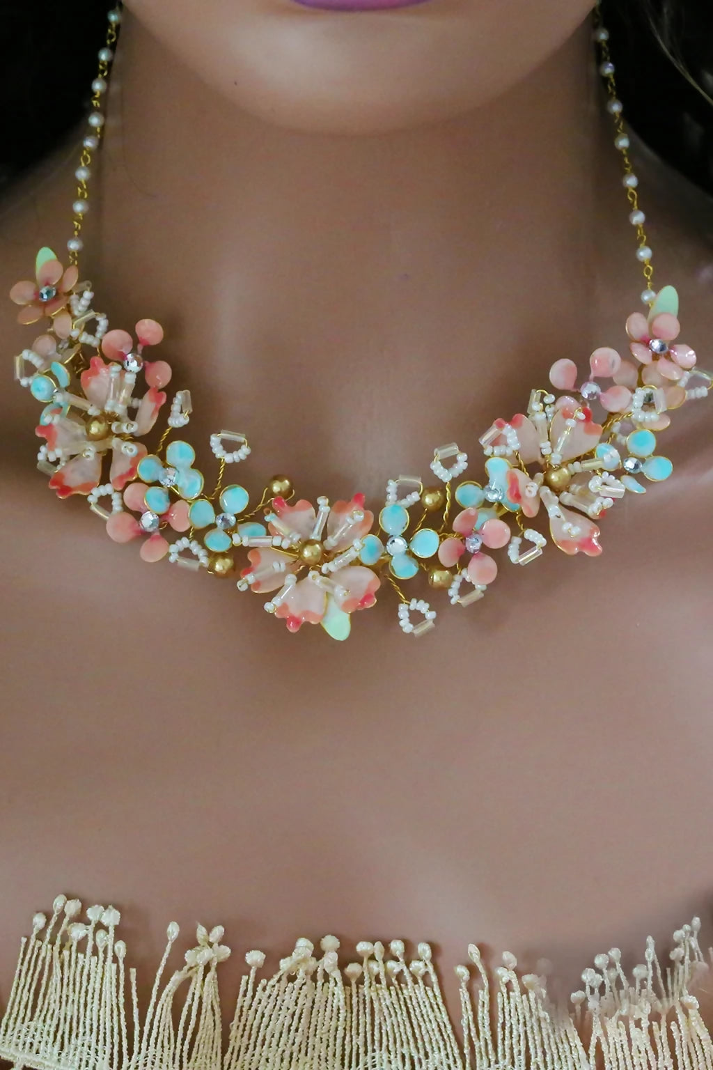Seraphina’s Bloom – Handmade Resin Floral Bridal Necklace in Blush Pink, Aqua & Gold