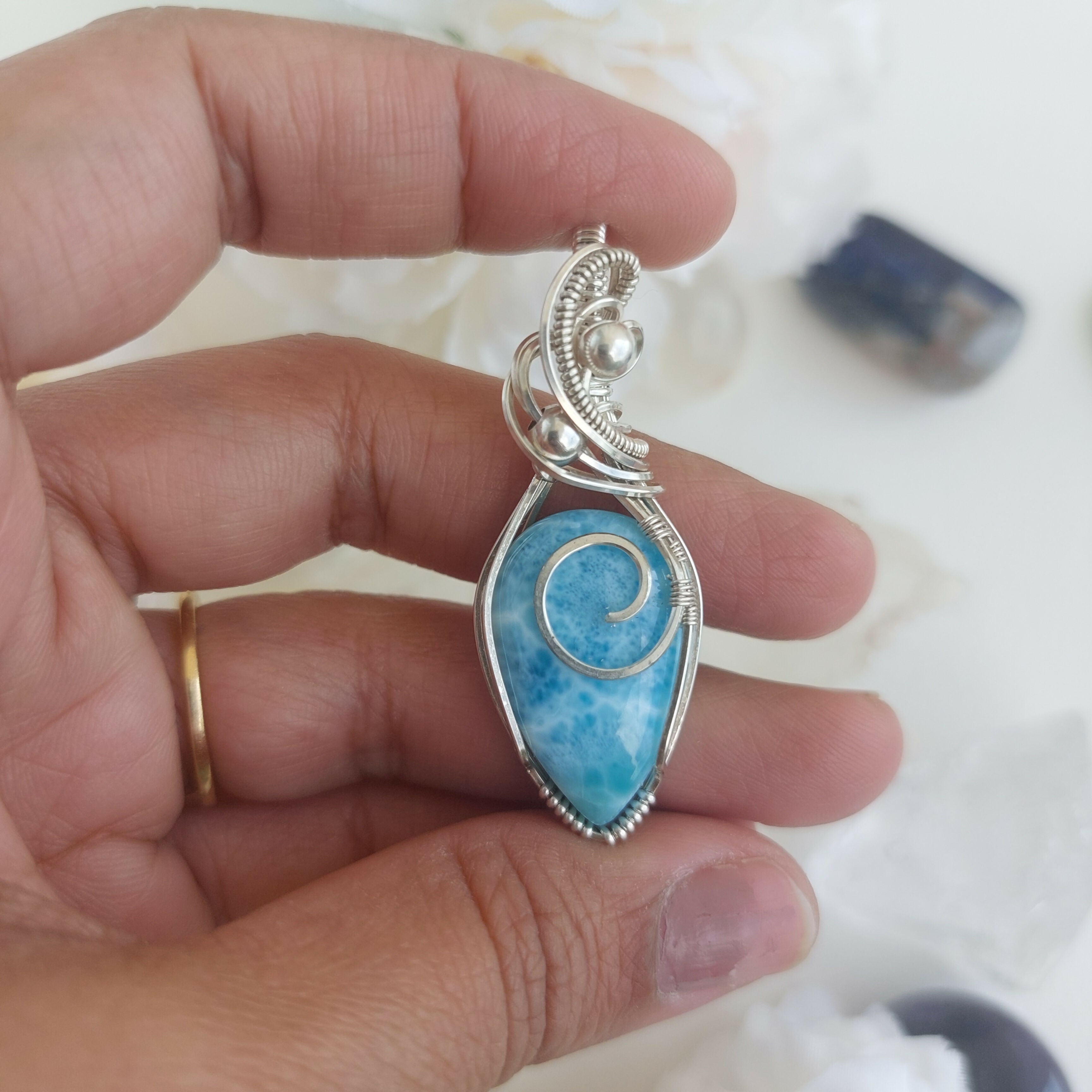 Larimar sterling silver wire wrapped handmade pendant