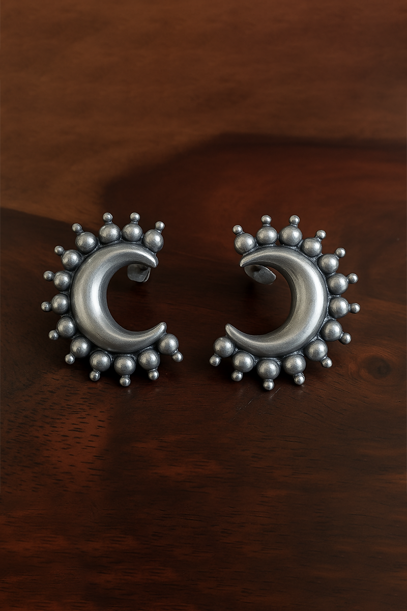 Oxidized Silver Chandrakor Earrings – Crescent Design