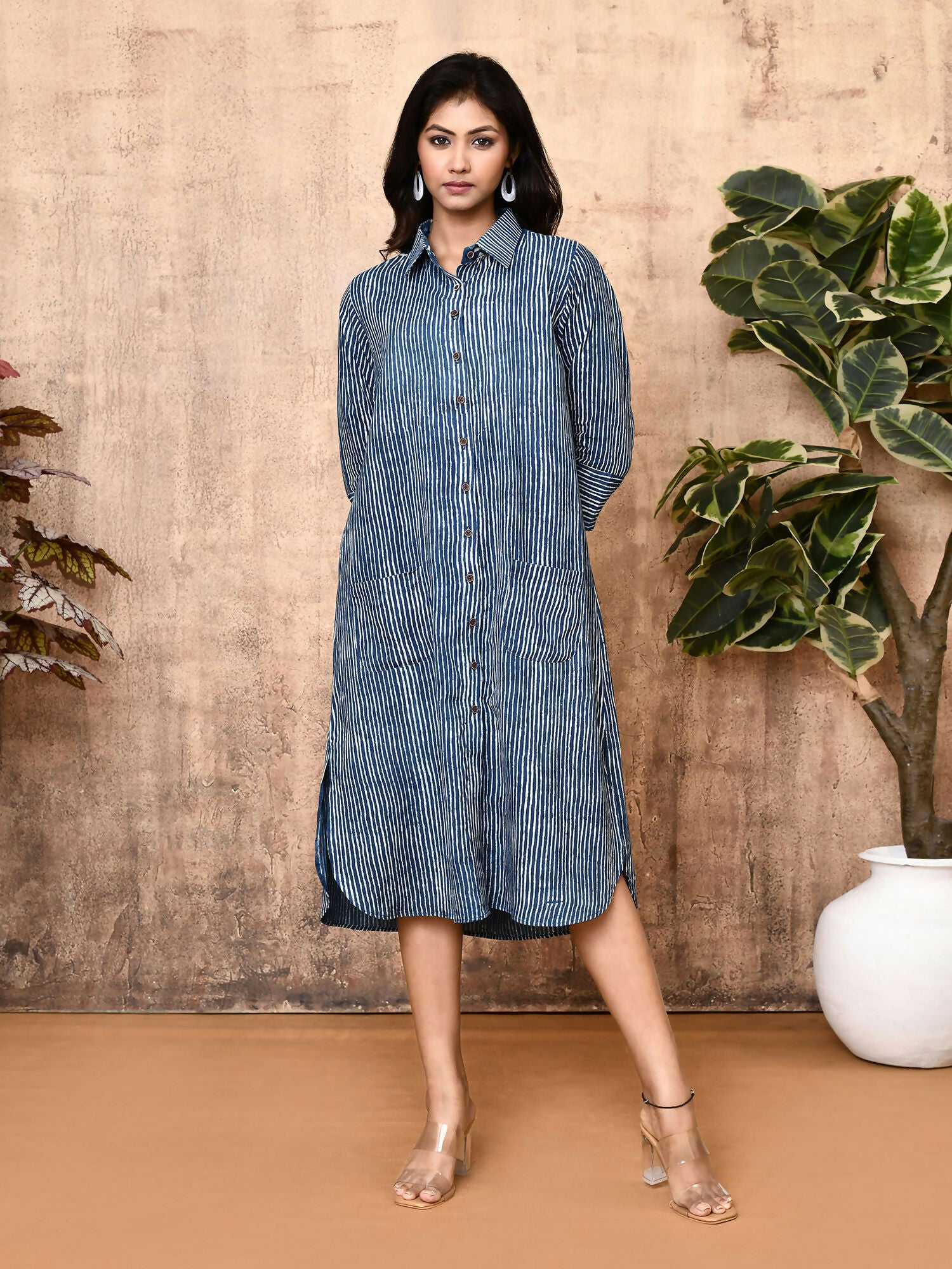 Arika Indigo Block Printed Cotton Long Shirt Dress