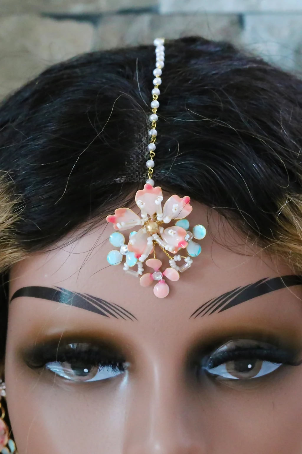 Seraphina’s Bloom – Handmade Resin Floral Bridal Maangtika in Blush Pink, Aqua & Gold