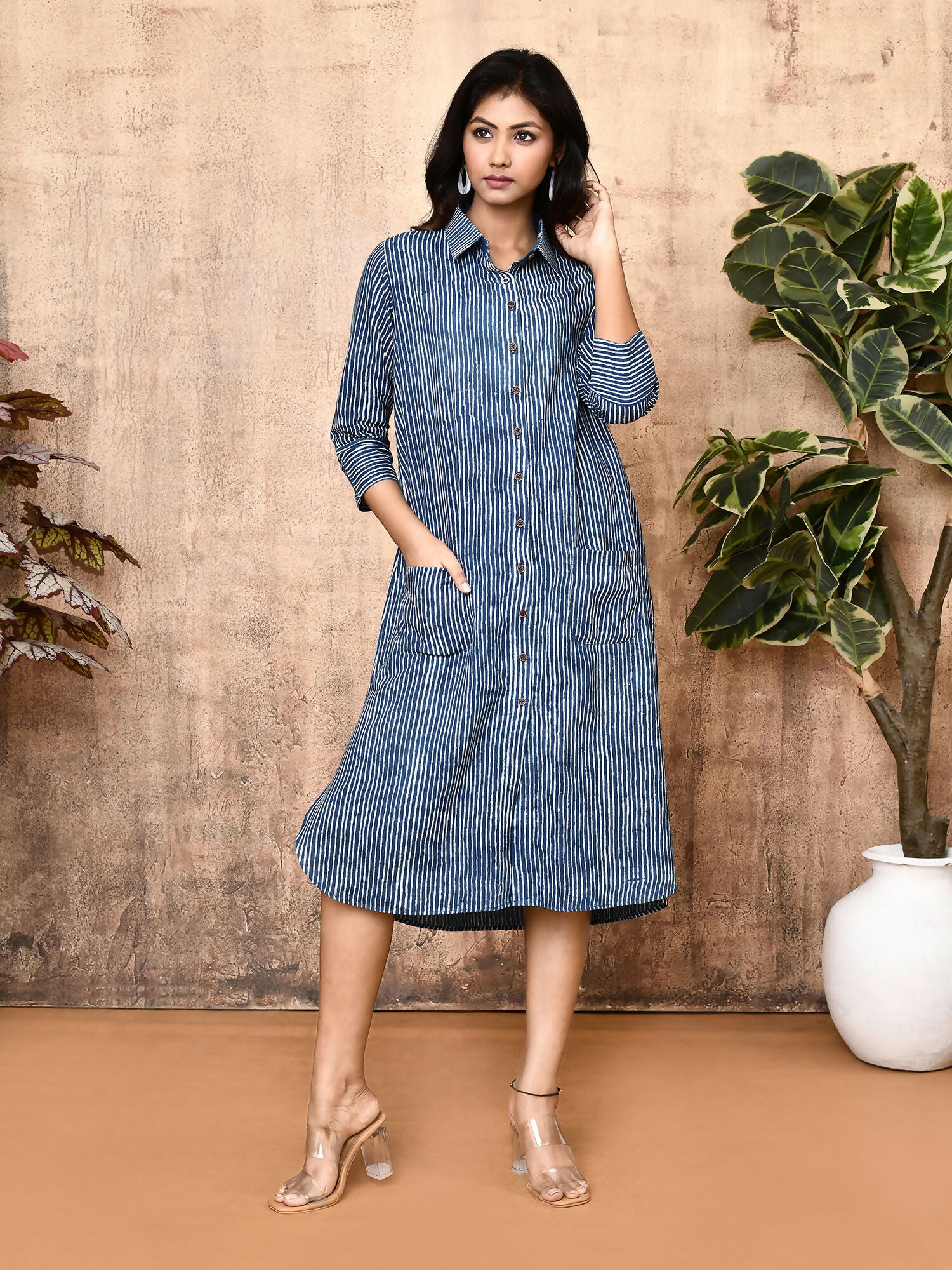 Arika Indigo Block Printed Cotton Long Shirt Dress